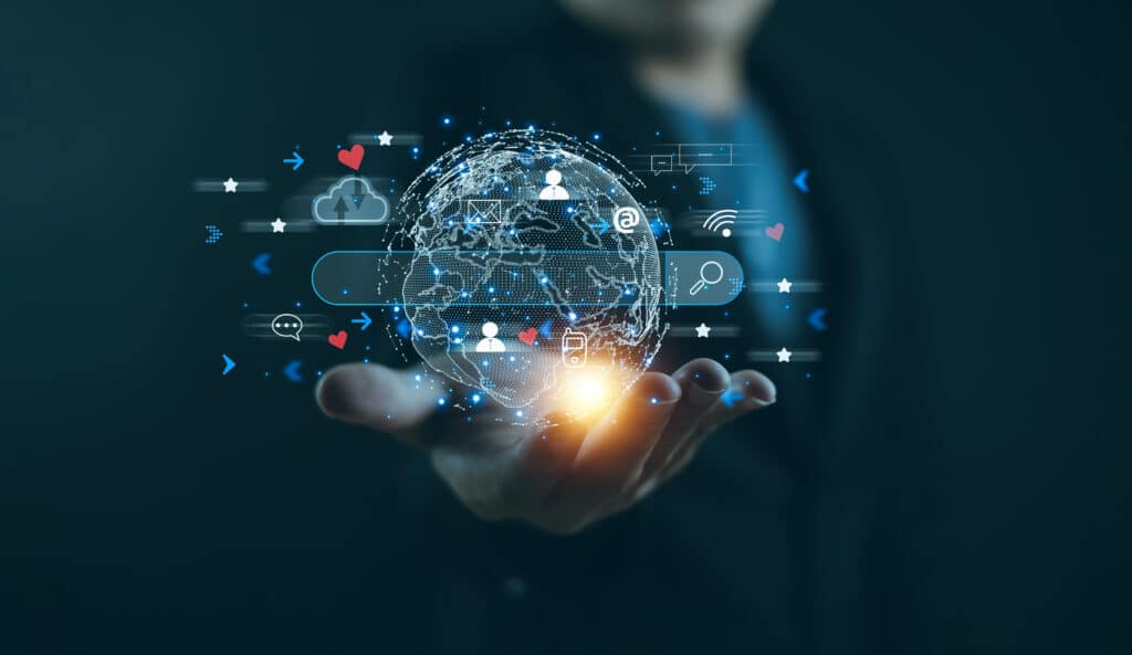 Search engine optimization seo internet website communication social High speed search engine information business statistic digital technology to information global network replication SEO illustration with a futuristic globe hovering over a man's hand.