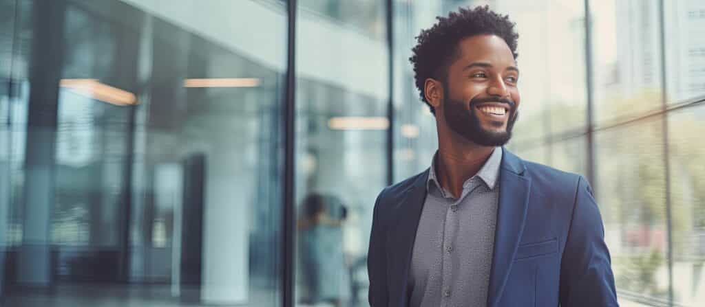 Happy African American man manager in office building corridor holding tablet using app for business smiling