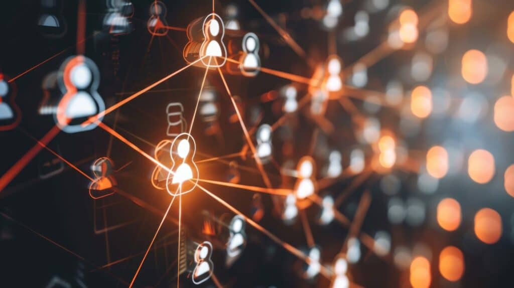 Digital connecting people for social media and business online networking system. Generated AI image Digital user icons connected with orange lines to show growth with search engine marketing.